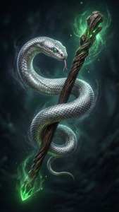'n Slang wat om 'n gloeiende towerstaf kronkel. — Slytherin estetiek Muurpapier