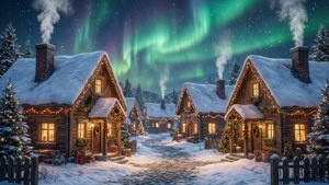 'n Feestelike sneeuagtige dorp met gloeiende vensters onder 'n groen aurora-lug. — Groen lug Muurpapier