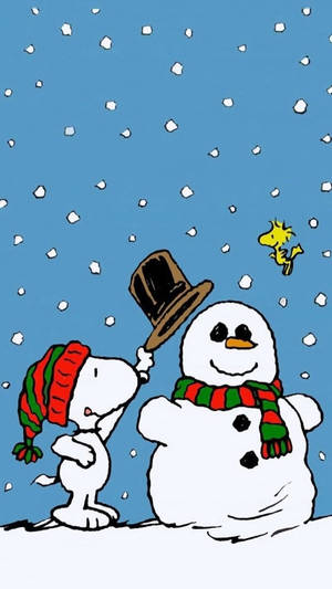 Snoopy Kersfees Sneeuman Hoed Agtergrond — Snoopy kersfees Muurpapier
