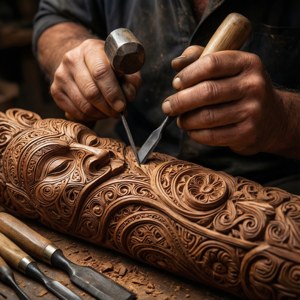 Gedetailleerde Maori-houtsnywerk in tradisionele werkswinkel — Pixel Watch Muurpapier