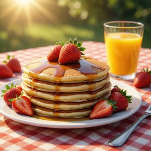 Heerlike pannekoek aarbeie somer ontbyt pfp agtergrond — Pixel Watch Muurpapier