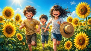 Anime-kinders wat op 'n helder somersdag in 'n sonneblomland speel. — Anime kinders Muurpapier