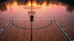 Asemrowende panoramiese uitsig oor 'n basketbalbaan in sonsondergangkleure. — Basketbal GIF Muurpapier