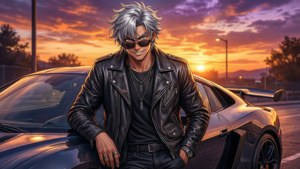 'n Stylvolle anime-seun wat by 'n sportmotor by sonsondergang poseer.