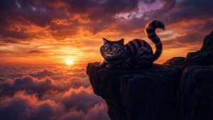 Silhoeët van die Cheshire-kat teen 'n kleurvolle sonsondergang. — Cheshire Cat Muurpapier