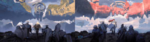 Gesplete Dagbreek Hek tonele met drywende rotse dubbelmonitor agtergrond — 3840x1080 Muurpapier