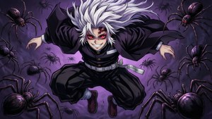 Rui omring deur 'n swerm spinnekoppe in die lug met 'n sinistere glimlag. — Rui Demon Slayer Muurpapier