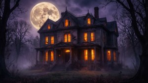 Griezelige spookhuis onder volmaan met mis en kaal bome — Halloween estetiek Muurpapier