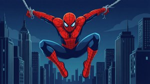 Plat vektor Spiderman wat oor stadgeboue swaai — Spiderman Muurpapier