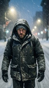 'n Eensame persoon wat deur 'n hewige sneeustorm stap.
