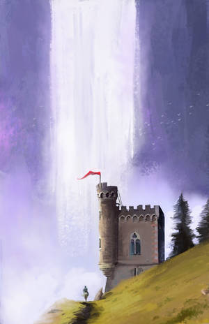 Voorskou-agtergrond kasteel, wandelaar, waterval — Honor MagicPad 3 Pro 12.3 Muurpapier