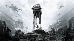 Grysskaal beelde van Star Wars Battlefront-speletjie-omslag agtergrond.