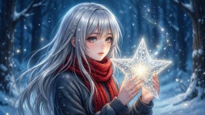 Anime-meisie met silwer hare en rooi serp wat 'n gloeiende ster in 'n sneeubos vashou. — Anime kersfees Muurpapier