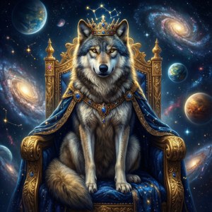 'n Koninklike sterrestelselwolf sit op 'n steretroon, gekroon met konstellasies. — Galaksi wolf Muurpapier