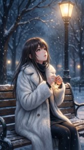 Anime meisie sit op bank in sneeu onder straatlig — Anime kersfees Muurpapier