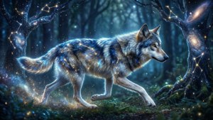 'n Sterrestelsel-wolf jaag deur 'n sterrebeeld-woud en los 'n spoor van sterstof agter. — Galaksi wolf Muurpapier