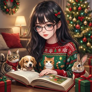 Anime-meisie lees Kersstorie vir diere voor — Anime kersfees Muurpapier
