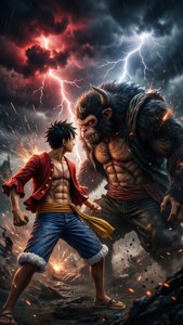Luffy in Gear Vier wat teen Kaido veg onder 'n stormagtige lug. — iPhone 7 Muurpapier