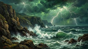'n Stormagtige see-toneel met kranse en weerlig onder 'n dramatiese groen lug. — Groen lug Muurpapier