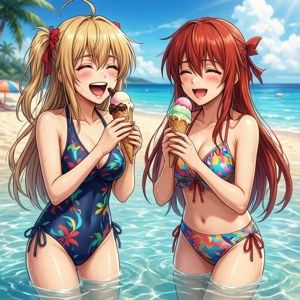Pret strandplakpapier van Kantai Collection-meisies wat roomys geniet — Pixel Watch Muurpapier