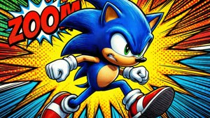 Sonic spring van 'n strokiesprentbladsy af met kragtige effekte.