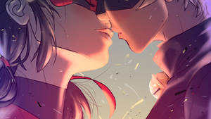 Superhelde Ladybug en Cat Noir wat soen muurpapier