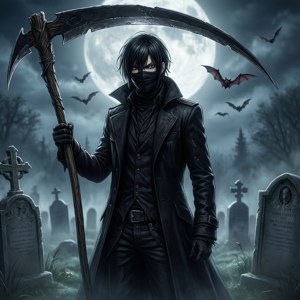 Edgy anime-swaaier met 'n sekel in die begraafplaas.