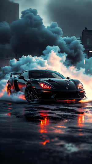 supermotor, dryf, rook, sonsondergang, oranje, gloed, swart, nat, straat, stad, luukse, vinnig, spoed, resies, prestasie, krag, motorvoertuig, voertuig, weerkaatsing, asfalt