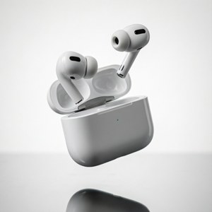 AirPods wat in die lug sweef, produktefotografie. — Galaxy Watch Muurpapier