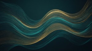 'n Moderne abstrakte muurpapier met vloeiende teal en goue golwe, ideaal vir 'n slanke voorkoms.