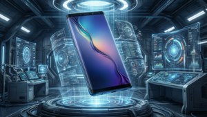 Wetenskapsfiksie-agtergrond met 'n swevende Galaxy S10 in 'n holografiese laboratorium.