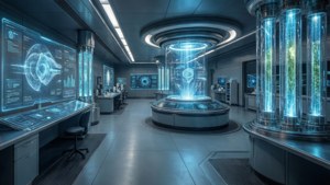 Futuristiese laboratorium met hologramme in ultrawye aansig.