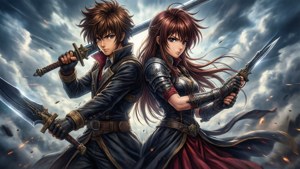 Anime-egpaar in gevegshouding rug-aan-rug — Anime paartjie GIF Muurpapier