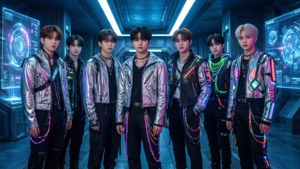 'n Cyberpunk-geïnspireerde Kpop-seunsgroep in 'n futuristiese omgewing. — Kpop GIF Muurpapier