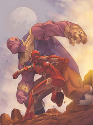 Tony Stark veg teen Thanos vir die lot van die heelal. — Galaxy Z TriFold Muurpapier