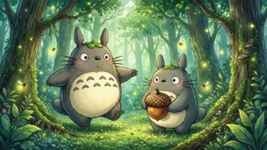 Oulike bosgeeste van Totoro, 'n nostalgiese kawaii-agtergrond.