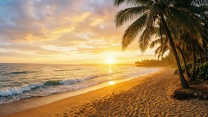 Strand sonsopkoms met palmbome en golwe in ultrawye formaat.