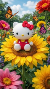 Hello Kitty sit bo-op 'n reuse-sonneblom in 'n kleurvolle tuin. — Hallo kitty GIF Muurpapier
