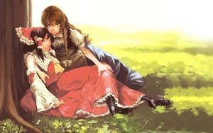 Anime-lesbiër Reimu en Marisa-agtergrond — Anime lesbiër Muurpapier