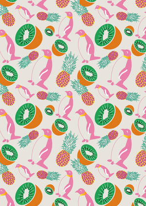 Pynappels, kiwi's en pikkewyne kunswerk in veelkleurige patroon muurpapier — Oppo Pad 5 Mat-skerm Muurpapier