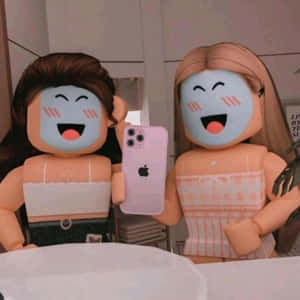 twee poppe wat 'n selfie neem in 'n spieël — Estetiese Roblox Muurpapier