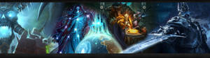 WoW karakters in verskillende scenario's dubbelmonitor agtergrond — 3840x1080 Muurpapier