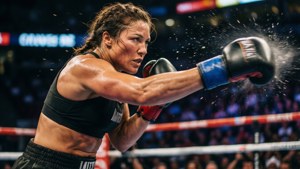 Aksiefoto van Ronda Rousey wat 'n kragtige hou in die ring lewer.