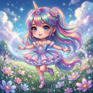 Chibi-unikon-anime meisie wat in 'n vonkelrige veld dans. — Lente Muurpapier