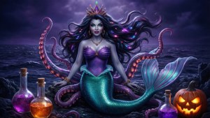 Ursula wat towerspreuke uitspreek met gloeiende tentakels in 'n donker see.