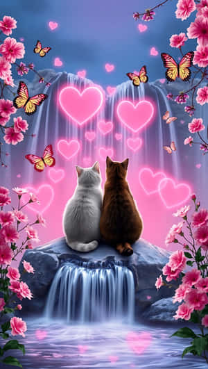 Valentynsdag,liefde,waterval,katte,glowende harte,pienk blomme,skoenlappers,sereniteit,slimfoonagtergrond — Waterval Muurpapier