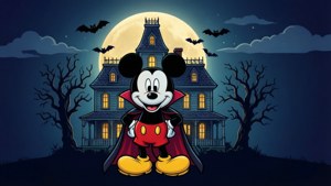 Mickey Mouse as 'n vampier in plat vektor styl met spookhuis. — Disney Halloween Muurpapier