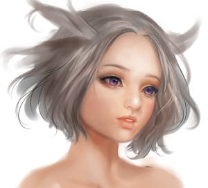 Anime meisie 3d digitale kuns agtergrond met wit kort hare en pers oë.