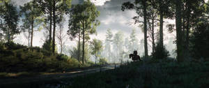 Ultrawye woudbeelde uit The Witcher 3-videospeletjiemuurpapier.