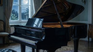 'n Elegante vleuelklavier wat deur maanlig in 'n donker kamer verlig word. — Musiek estetika Muurpapier